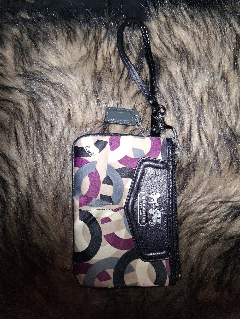 Nwot Coach Madison Signature Op Art Satin Wristlet Wallet- Purple/Gray/Black